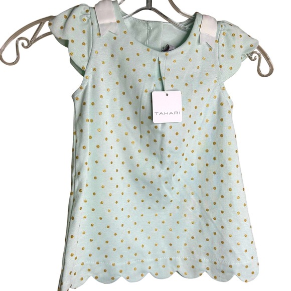 Tahari Other - Tahari 3T Dress- mint green gold polka dot, scallop edges, white bow UK 2/3 AU3